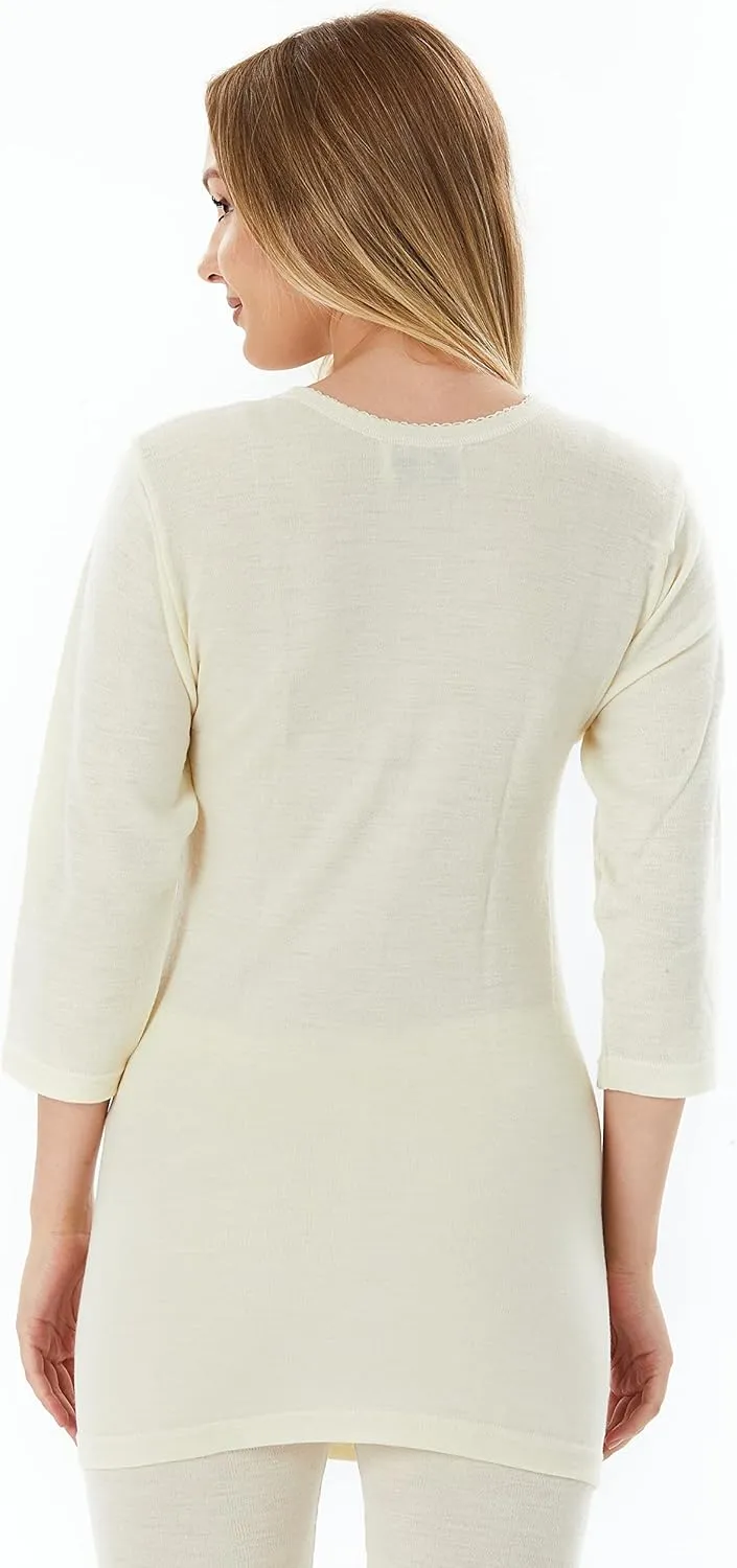Merino Wool Undershirt for Women, 3/4 Sleeve Top, Tunic Length | 185 Lightweight Base Layer, Thermal Underwear