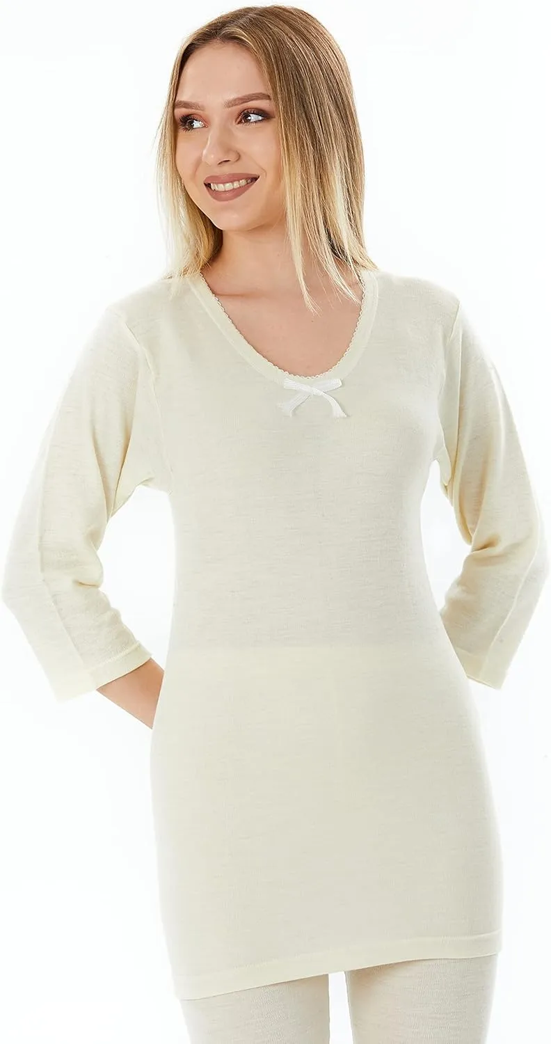 Merino Wool Undershirt for Women, 3/4 Sleeve Top, Tunic Length | 185 Lightweight Base Layer, Thermal Underwear