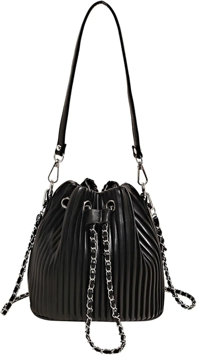 Mini Bucket Bag Pleated Leather Bucket Purse Vintage Purse Bag with Drawstring Crossbody Small Handbag