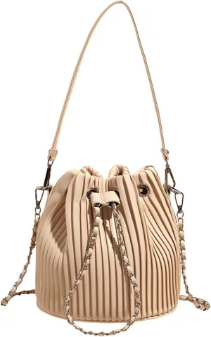 Mini Bucket Bag Pleated Leather Bucket Purse Vintage Purse Bag with Drawstring Crossbody Small Handbag