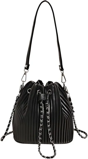 Mini Bucket Bag Pleated Leather Bucket Purse Vintage Purse Bag with Drawstring Crossbody Small Handbag