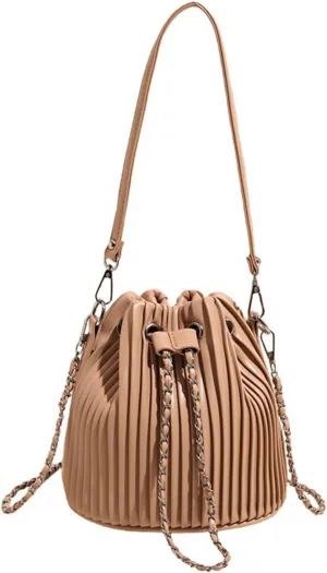Mini Bucket Bag Pleated Leather Bucket Purse Vintage Purse Bag with Drawstring Crossbody Small Handbag