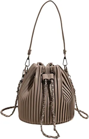 Mini Bucket Bag Pleated Leather Bucket Purse Vintage Purse Bag with Drawstring Crossbody Small Handbag