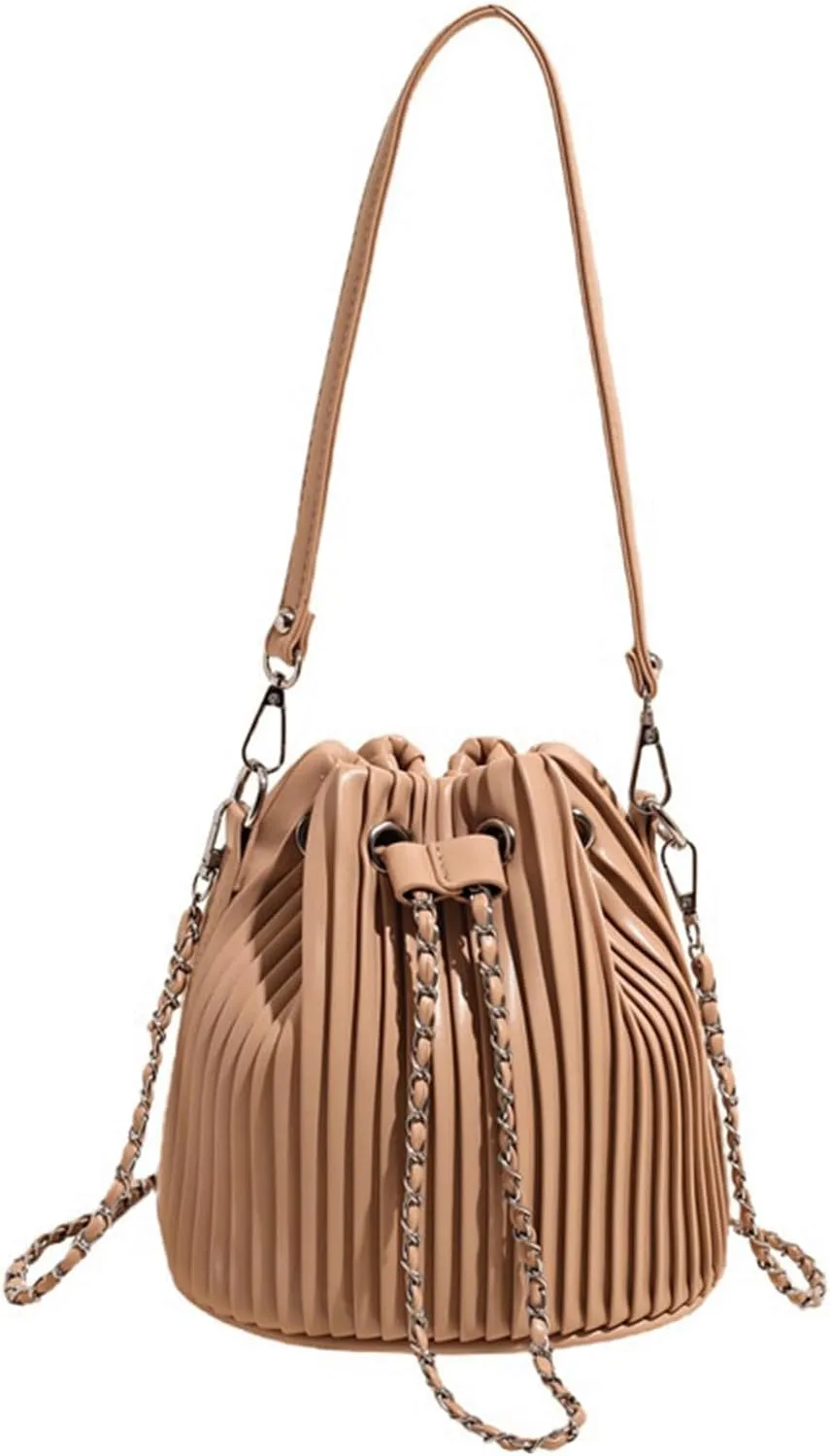Mini Bucket Bag Pleated Leather Bucket Purse Vintage Purse Bag with Drawstring Crossbody Small Handbag
