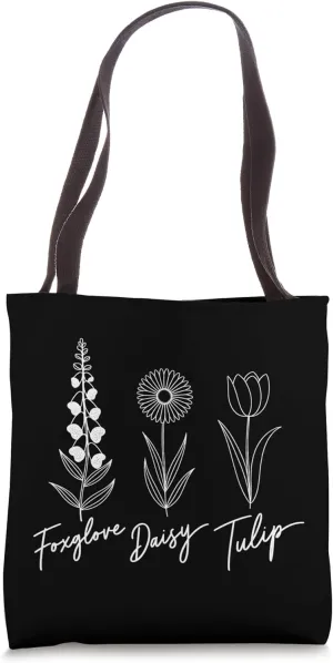 Minimalist Botanical Foxglove Daisy Tulip Garden Lover Tote Bag