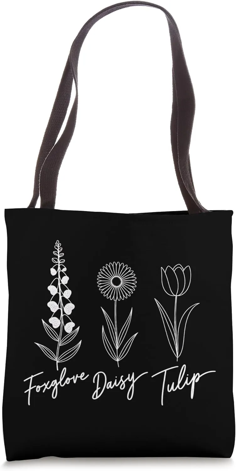Minimalist Botanical Foxglove Daisy Tulip Garden Lover Tote Bag