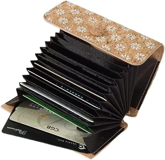 Minimalist CORK wallet, accordion wallet credit card holder (White Daisy)