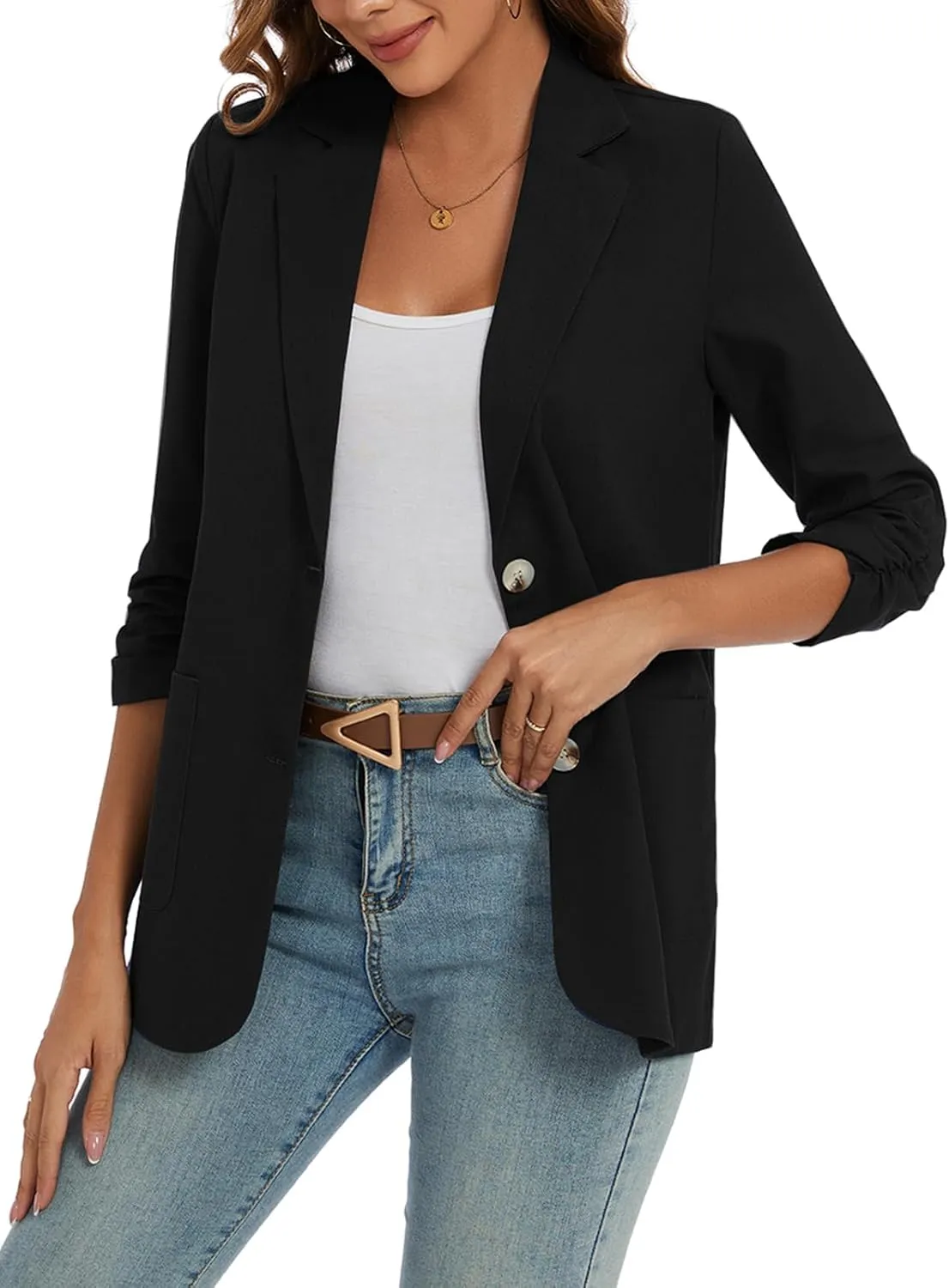 MINTLIMIT Women's Cotton Linen Blazer Jackets Ruched 3/4 Sleeve Summer Casual Lightweight Button Lapel Blazers with Pockets