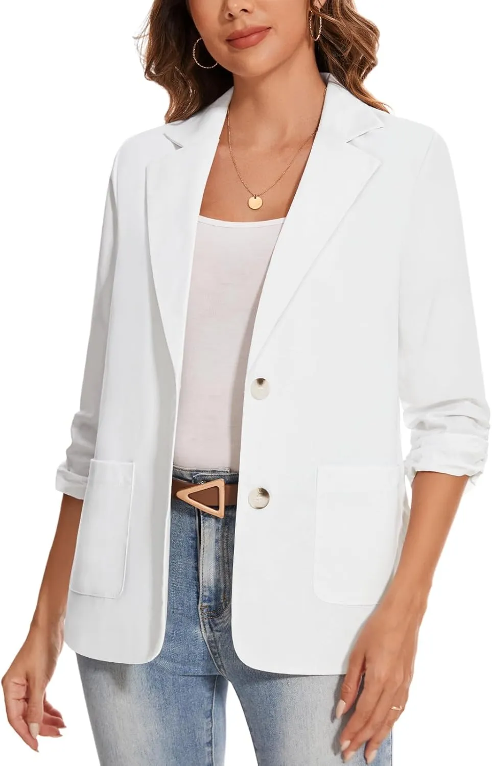 MINTLIMIT Women's Cotton Linen Blazer Jackets Ruched 3/4 Sleeve Summer Casual Lightweight Button Lapel Blazers with Pockets
