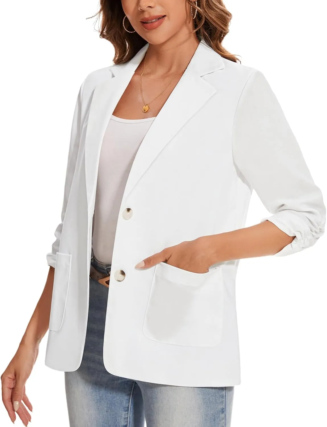 MINTLIMIT Women's Cotton Linen Blazer Jackets Ruched 3/4 Sleeve Summer Casual Lightweight Button Lapel Blazers with Pockets