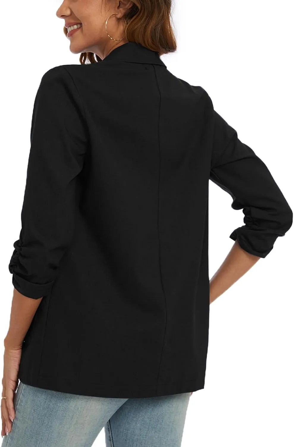 MINTLIMIT Women's Cotton Linen Blazer Jackets Ruched 3/4 Sleeve Summer Casual Lightweight Button Lapel Blazers with Pockets