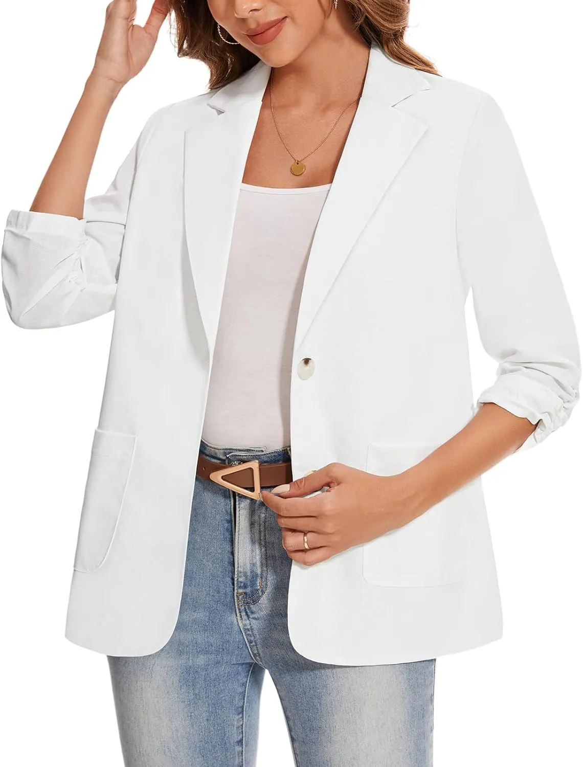 MINTLIMIT Women's Cotton Linen Blazer Jackets Ruched 3/4 Sleeve Summer Casual Lightweight Button Lapel Blazers with Pockets