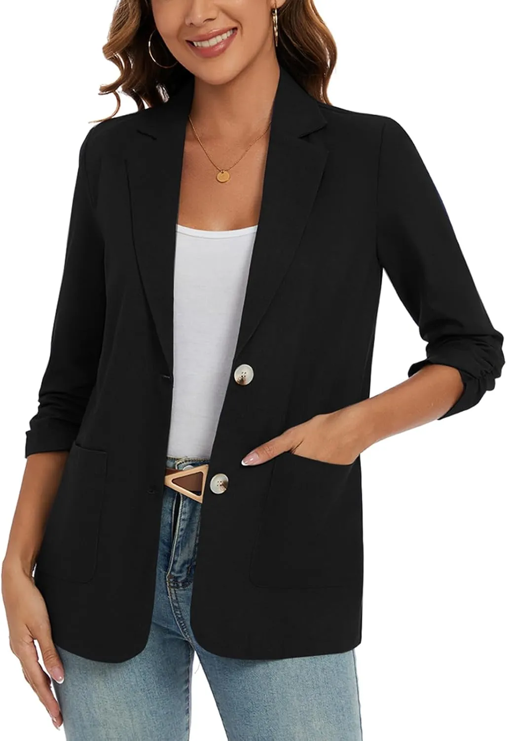 MINTLIMIT Women's Cotton Linen Blazer Jackets Ruched 3/4 Sleeve Summer Casual Lightweight Button Lapel Blazers with Pockets