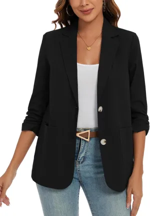 MINTLIMIT Women's Cotton Linen Blazer Jackets Ruched 3/4 Sleeve Summer Casual Lightweight Button Lapel Blazers with Pockets