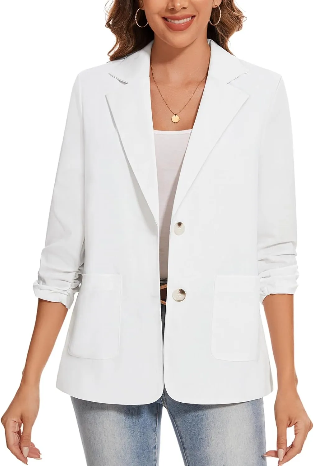 MINTLIMIT Women's Cotton Linen Blazer Jackets Ruched 3/4 Sleeve Summer Casual Lightweight Button Lapel Blazers with Pockets
