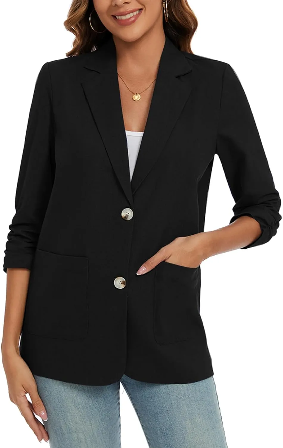 MINTLIMIT Women's Cotton Linen Blazer Jackets Ruched 3/4 Sleeve Summer Casual Lightweight Button Lapel Blazers with Pockets