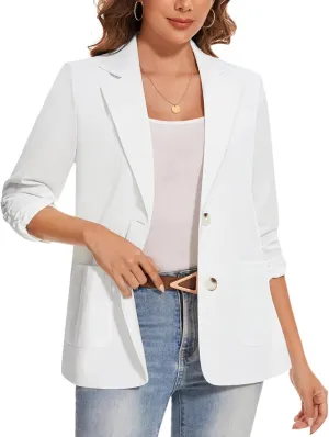 MINTLIMIT Women's Cotton Linen Blazer Jackets Ruched 3/4 Sleeve Summer Casual Lightweight Button Lapel Blazers with Pockets