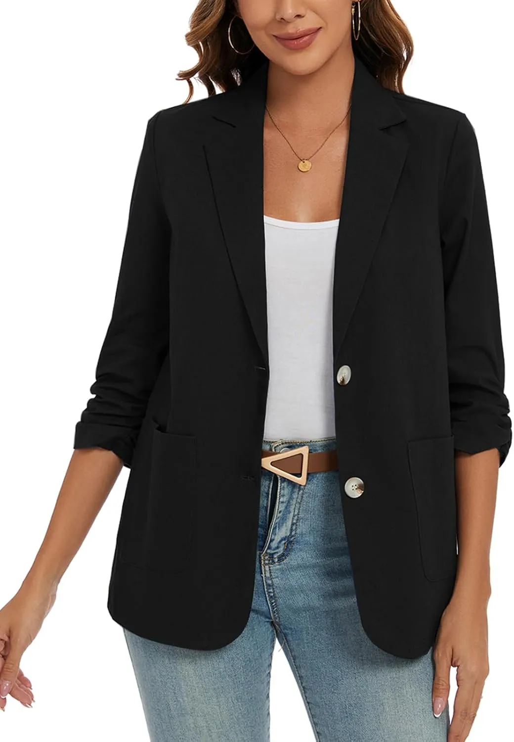 MINTLIMIT Women's Cotton Linen Blazer Jackets Ruched 3/4 Sleeve Summer Casual Lightweight Button Lapel Blazers with Pockets