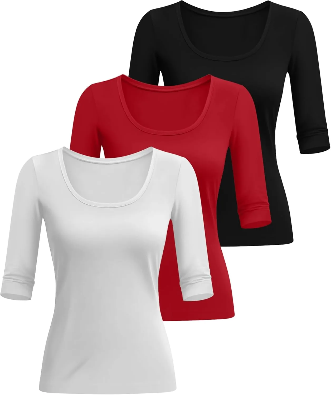 Neer 3 Pack Women's Scoop Neck Stretchy Tops Cotton Half Sleeve Slim Fitted T-Shirts Tight Casual Basic Summer Tees