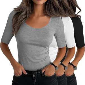 Neer 3 Pack Women's Scoop Neck Stretchy Tops Cotton Half Sleeve Slim Fitted T-Shirts Tight Casual Basic Summer Tees