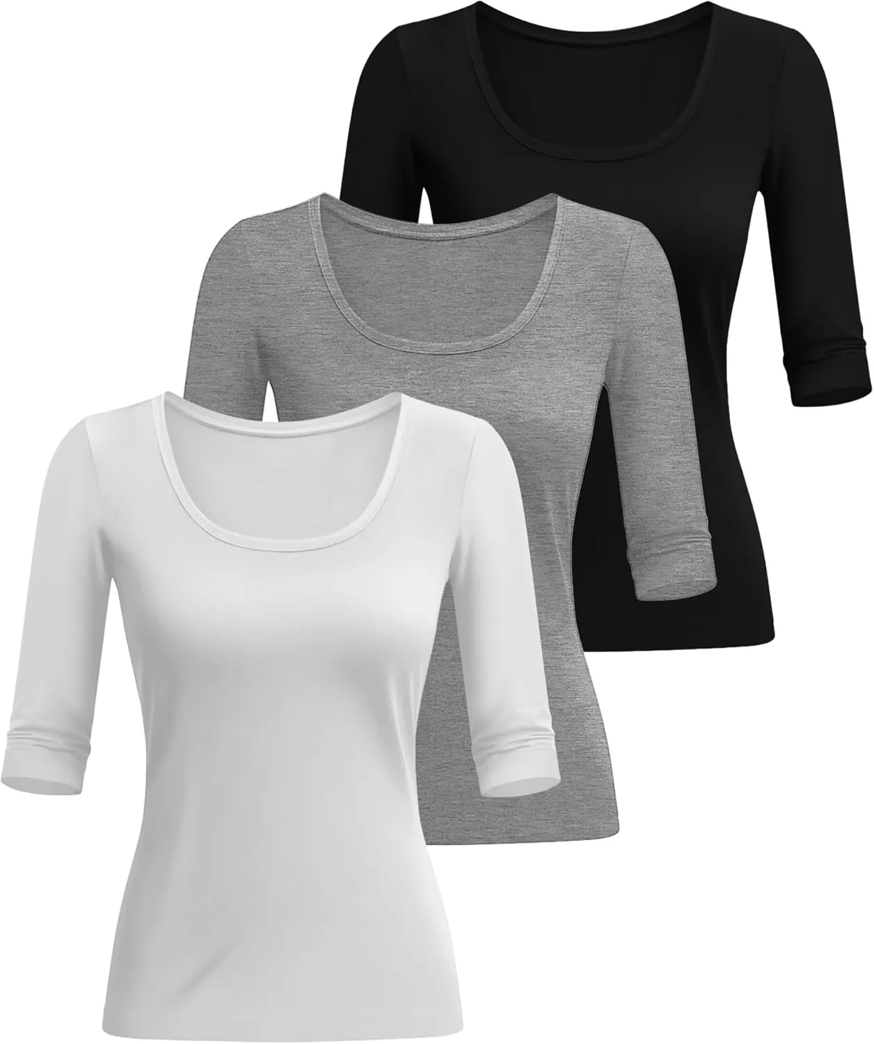 Neer 3 Pack Women's Scoop Neck Stretchy Tops Cotton Half Sleeve Slim Fitted T-Shirts Tight Casual Basic Summer Tees