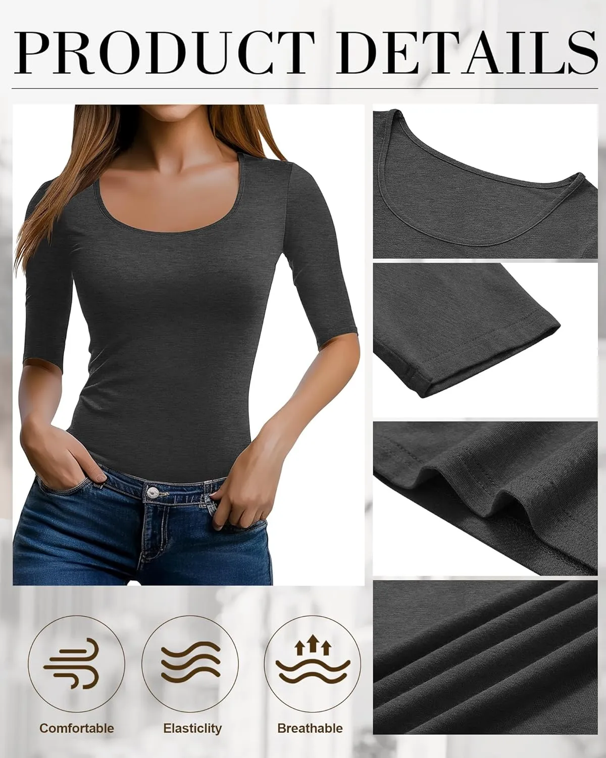 Neer 3 Pack Women's Scoop Neck Stretchy Tops Cotton Half Sleeve Slim Fitted T-Shirts Tight Casual Basic Summer Tees