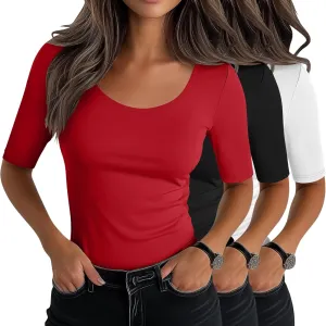 Neer 3 Pack Women's Scoop Neck Stretchy Tops Cotton Half Sleeve Slim Fitted T-Shirts Tight Casual Basic Summer Tees