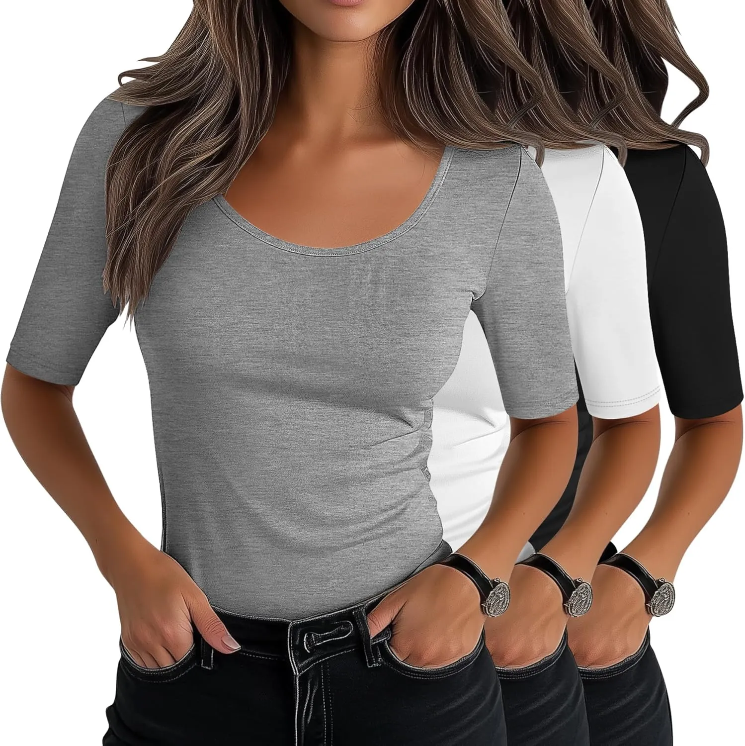 Neer 3 Pack Women's Scoop Neck Stretchy Tops Cotton Half Sleeve Slim Fitted T-Shirts Tight Casual Basic Summer Tees