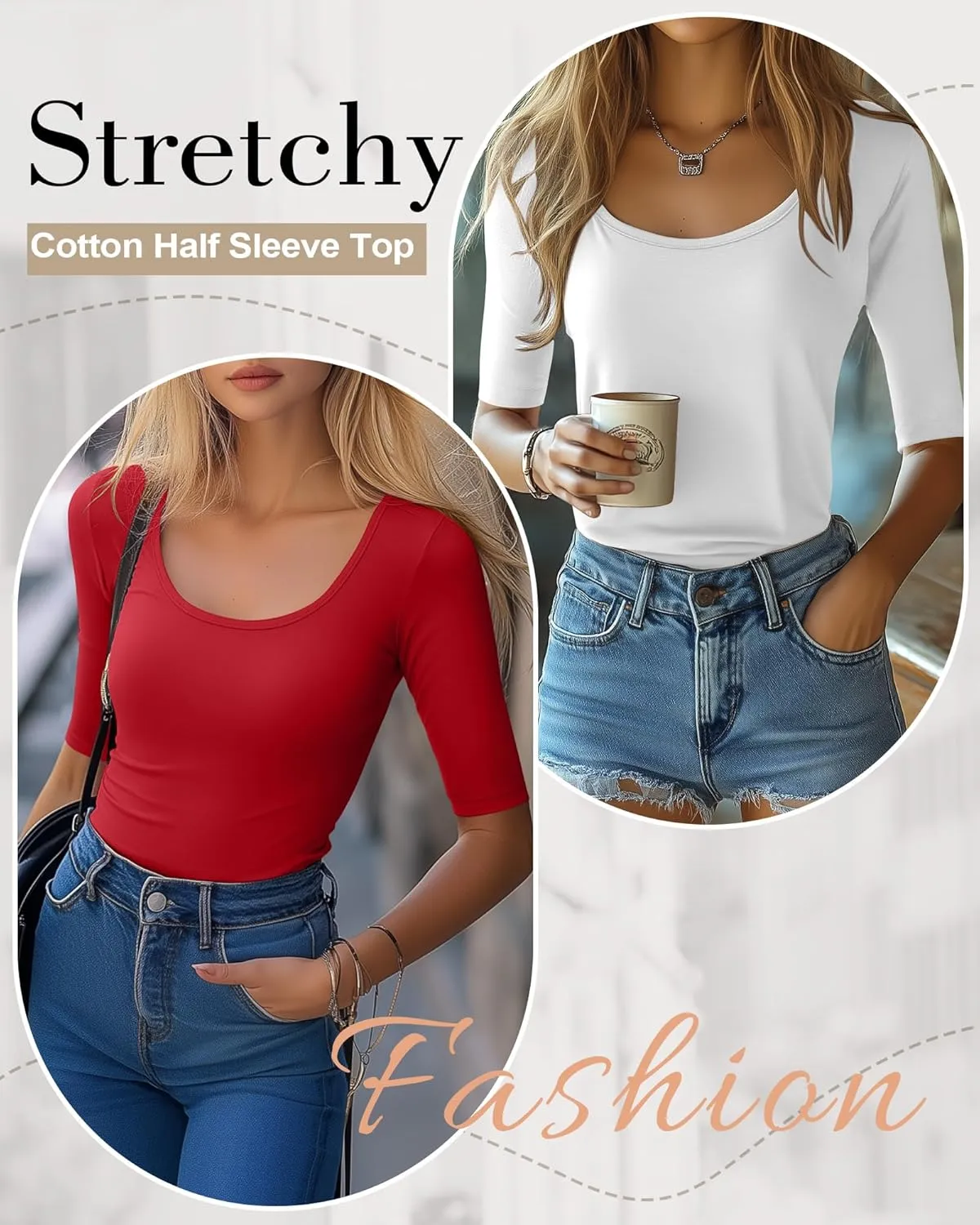 Neer 3 Pack Women's Scoop Neck Stretchy Tops Cotton Half Sleeve Slim Fitted T-Shirts Tight Casual Basic Summer Tees