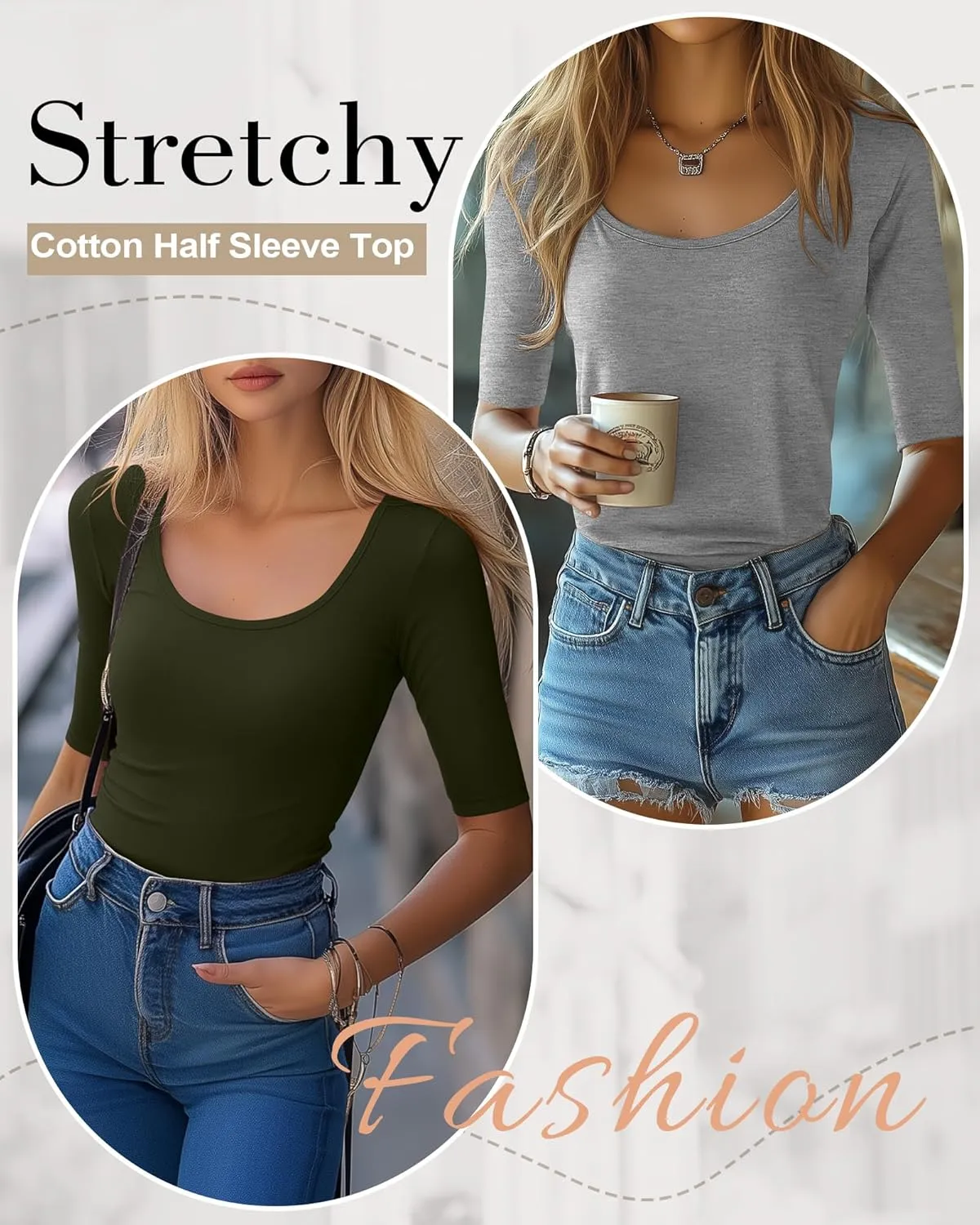 Neer 3 Pack Women's Scoop Neck Stretchy Tops Cotton Half Sleeve Slim Fitted T-Shirts Tight Casual Basic Summer Tees