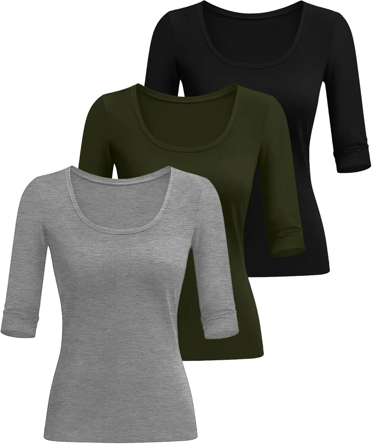 Neer 3 Pack Women's Scoop Neck Stretchy Tops Cotton Half Sleeve Slim Fitted T-Shirts Tight Casual Basic Summer Tees