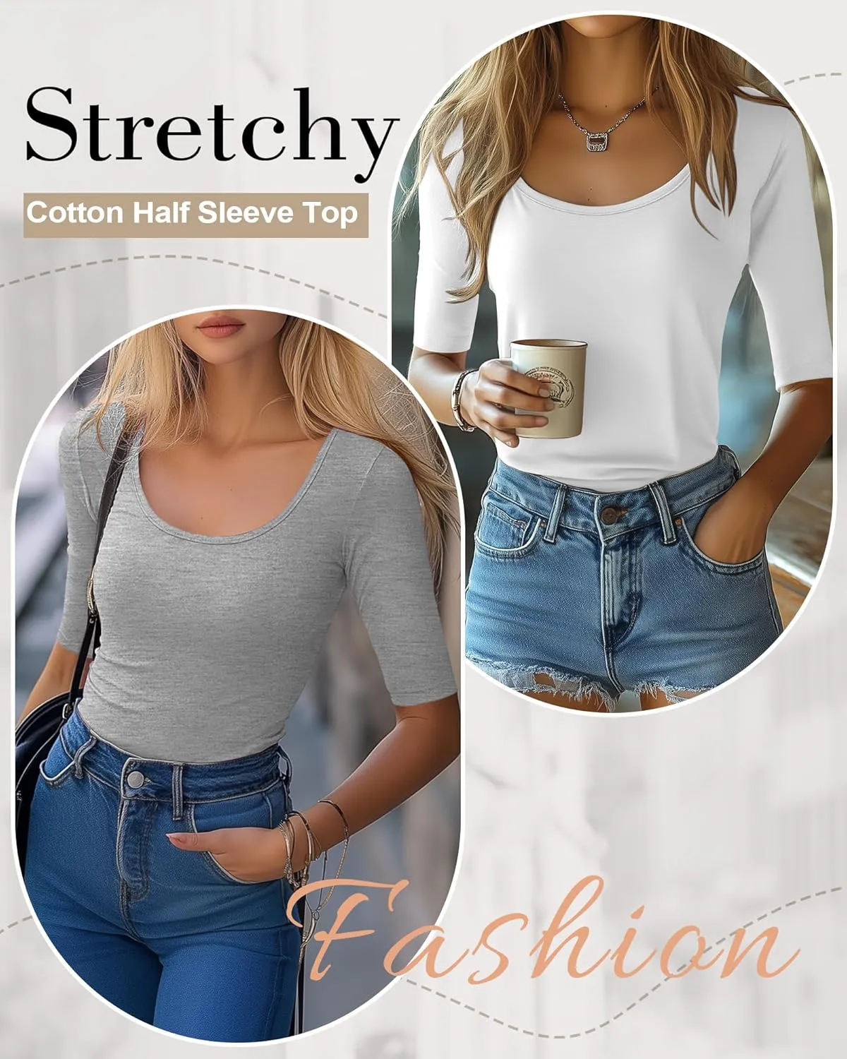 Neer 3 Pack Women's Scoop Neck Stretchy Tops Cotton Half Sleeve Slim Fitted T-Shirts Tight Casual Basic Summer Tees
