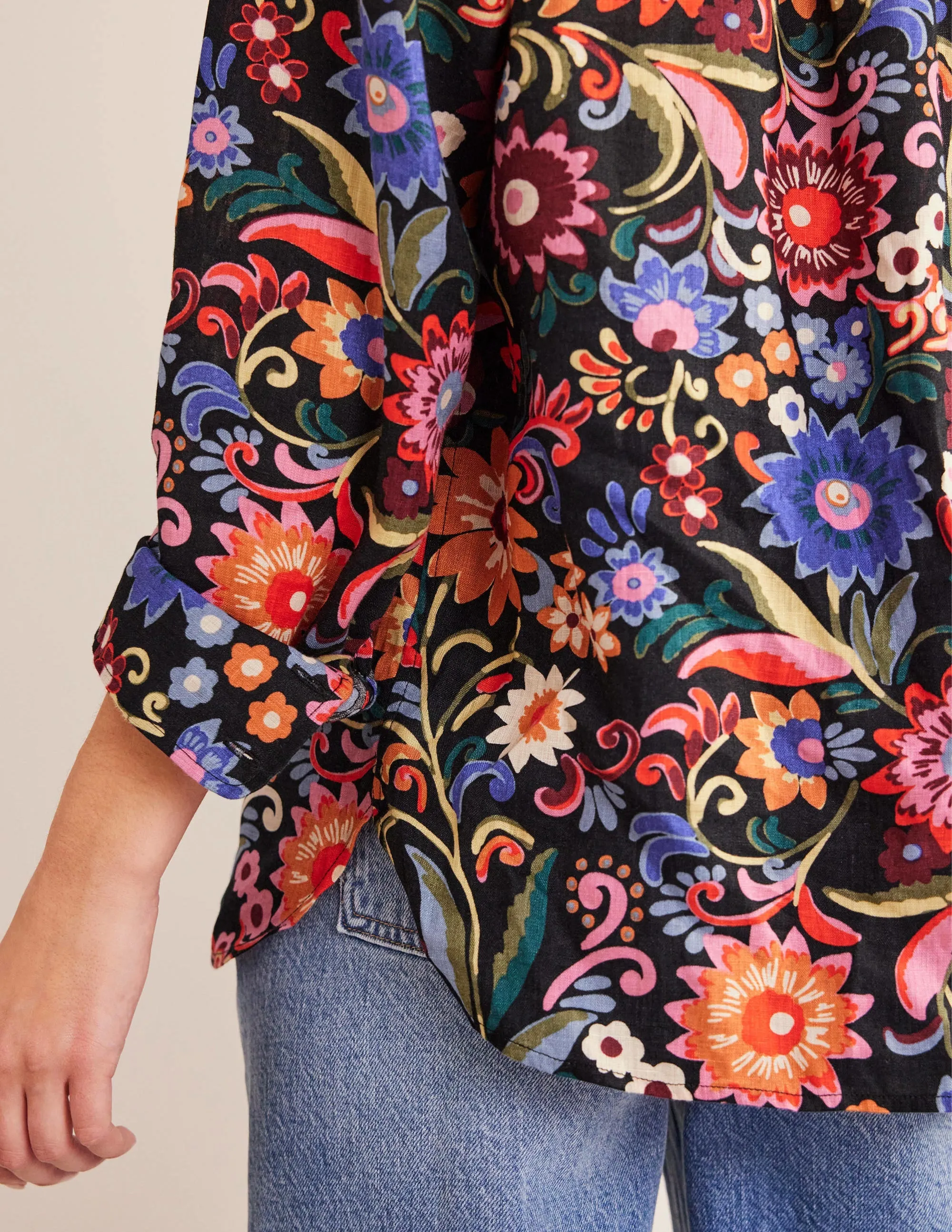 New Linen Shirt-Black, Gardenia Pop