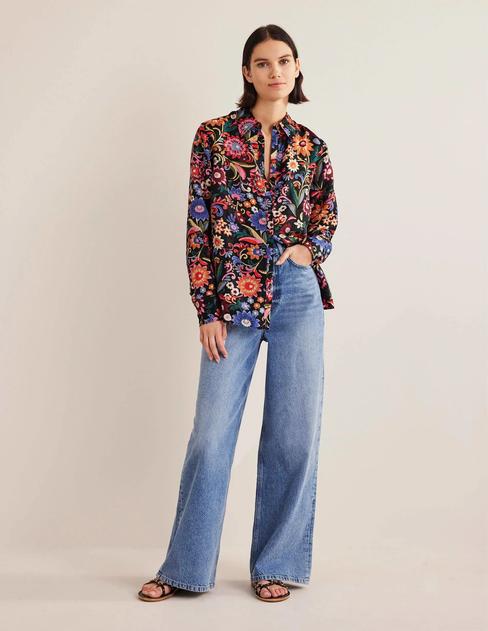 New Linen Shirt-Black, Gardenia Pop