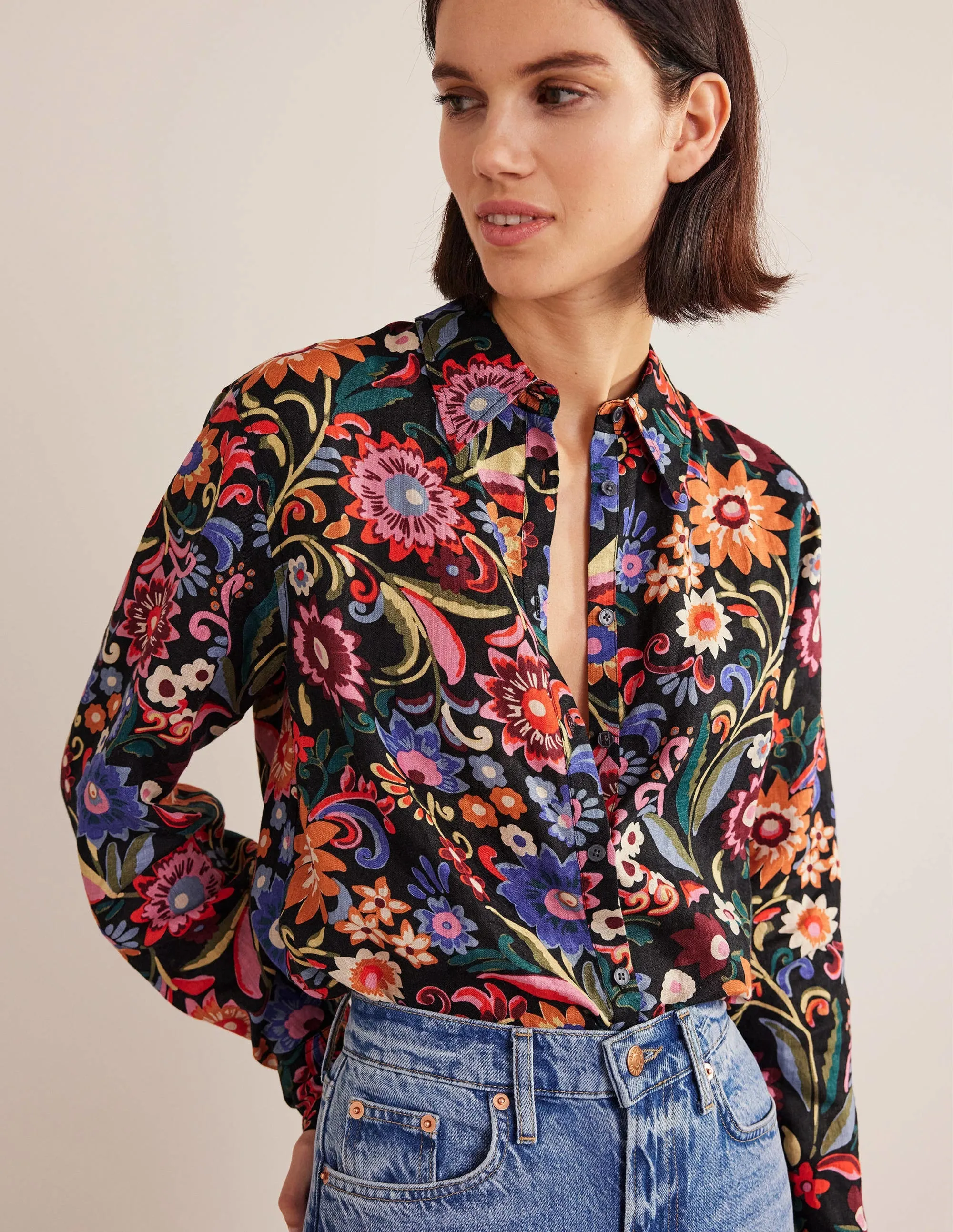 New Linen Shirt-Black, Gardenia Pop