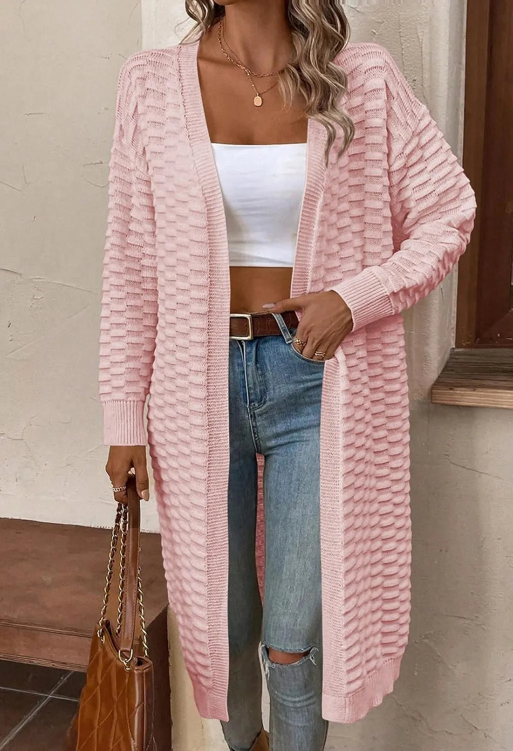 Pink Queen Women's Lightweight Long Cardigan Sweaters Casual Long Sleeve Open Front Drop Shoulder Oversized Fall Knitwear