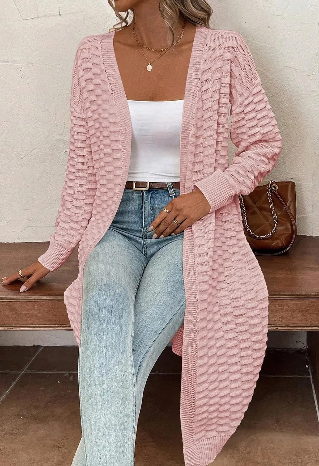 Pink Queen Women's Lightweight Long Cardigan Sweaters Casual Long Sleeve Open Front Drop Shoulder Oversized Fall Knitwear