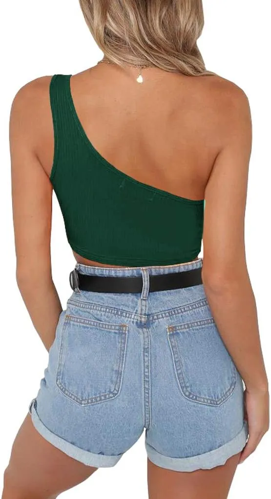 PRETTODAY Women's Sleeveless Crop Tops Sexy One Shoulder Strappy Tees Basic Crop Tank Top