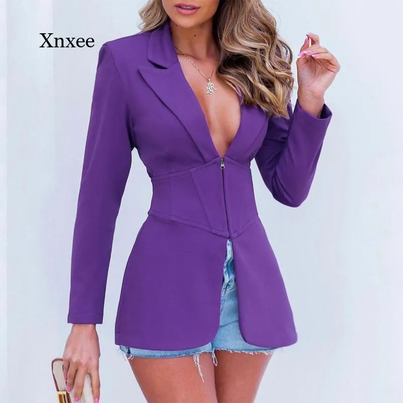 Purple High Waist Blazer Coat Fashion Slim Tops Women Solid Color Long Sleeve Jacket Y2K Deep V Neck Office Coats Clothing