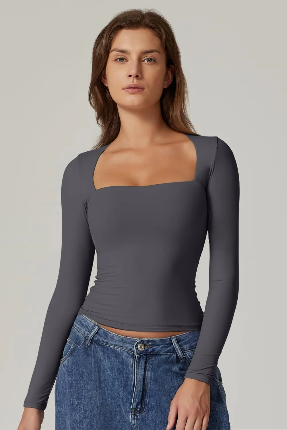 QINSEN Women's Sexy Square Neck Shirt Long Sleeve Double Lined Tees Fitted Going Out Tops