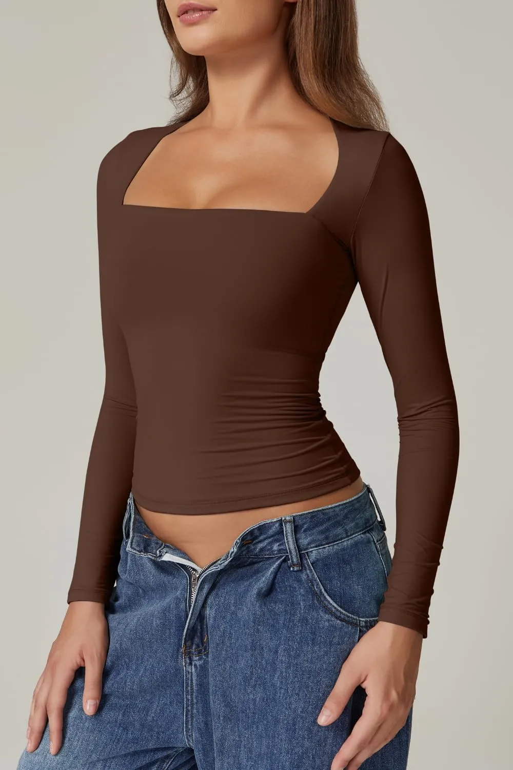 QINSEN Women's Sexy Square Neck Shirt Long Sleeve Double Lined Tees Fitted Going Out Tops