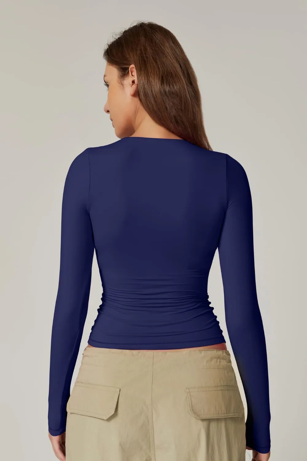 QINSEN Women's Sexy Square Neck Shirt Long Sleeve Double Lined Tees Fitted Going Out Tops