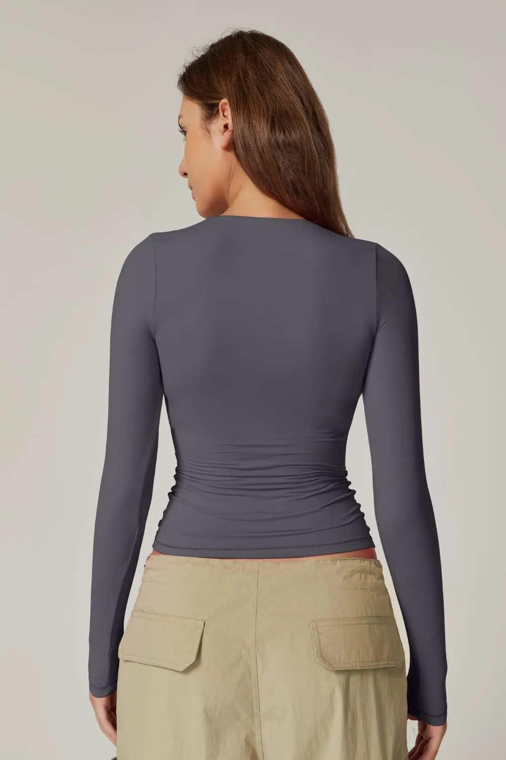 QINSEN Women's Sexy Square Neck Shirt Long Sleeve Double Lined Tees Fitted Going Out Tops