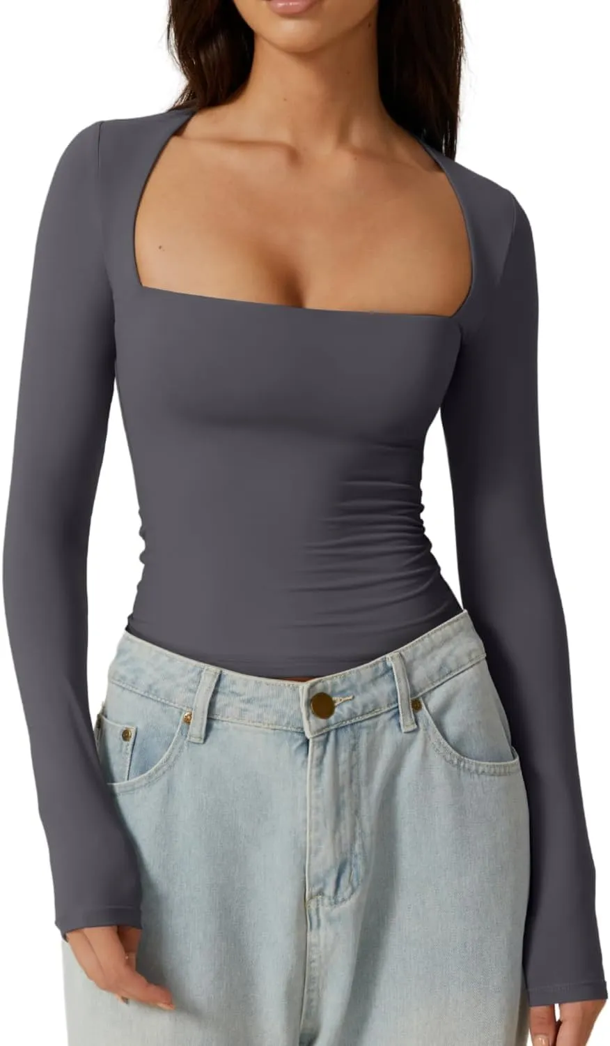QINSEN Women's Sexy Square Neck Shirt Long Sleeve Double Lined Tees Fitted Going Out Tops