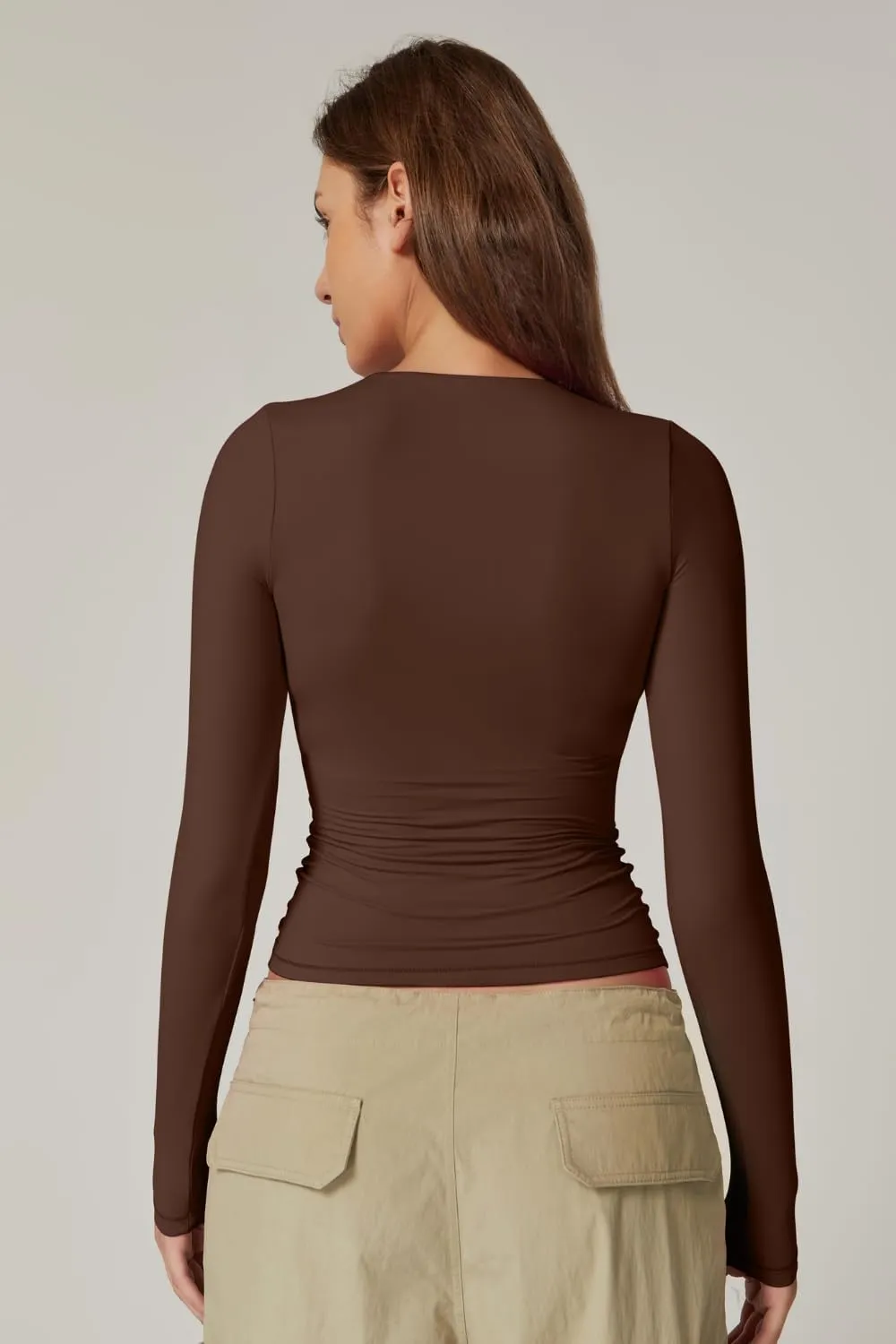 QINSEN Women's Sexy Square Neck Shirt Long Sleeve Double Lined Tees Fitted Going Out Tops