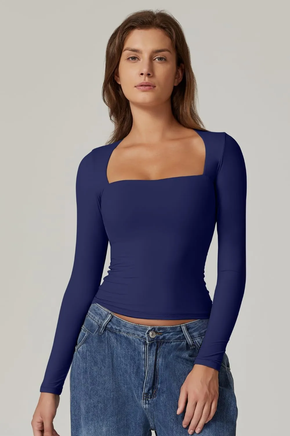 QINSEN Women's Sexy Square Neck Shirt Long Sleeve Double Lined Tees Fitted Going Out Tops
