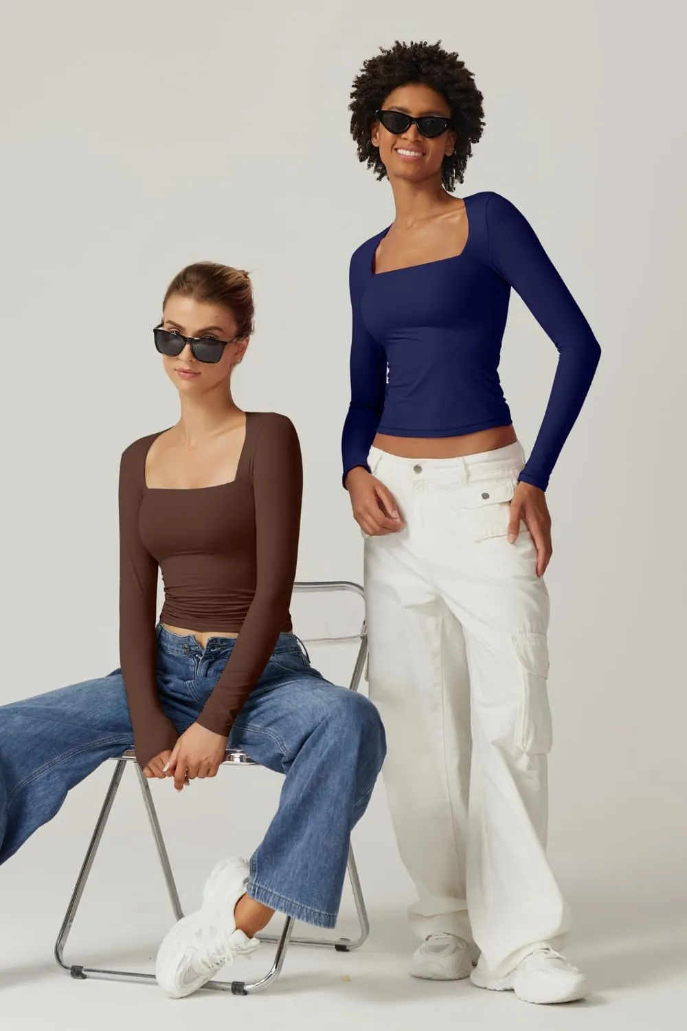 QINSEN Women's Sexy Square Neck Shirt Long Sleeve Double Lined Tees Fitted Going Out Tops
