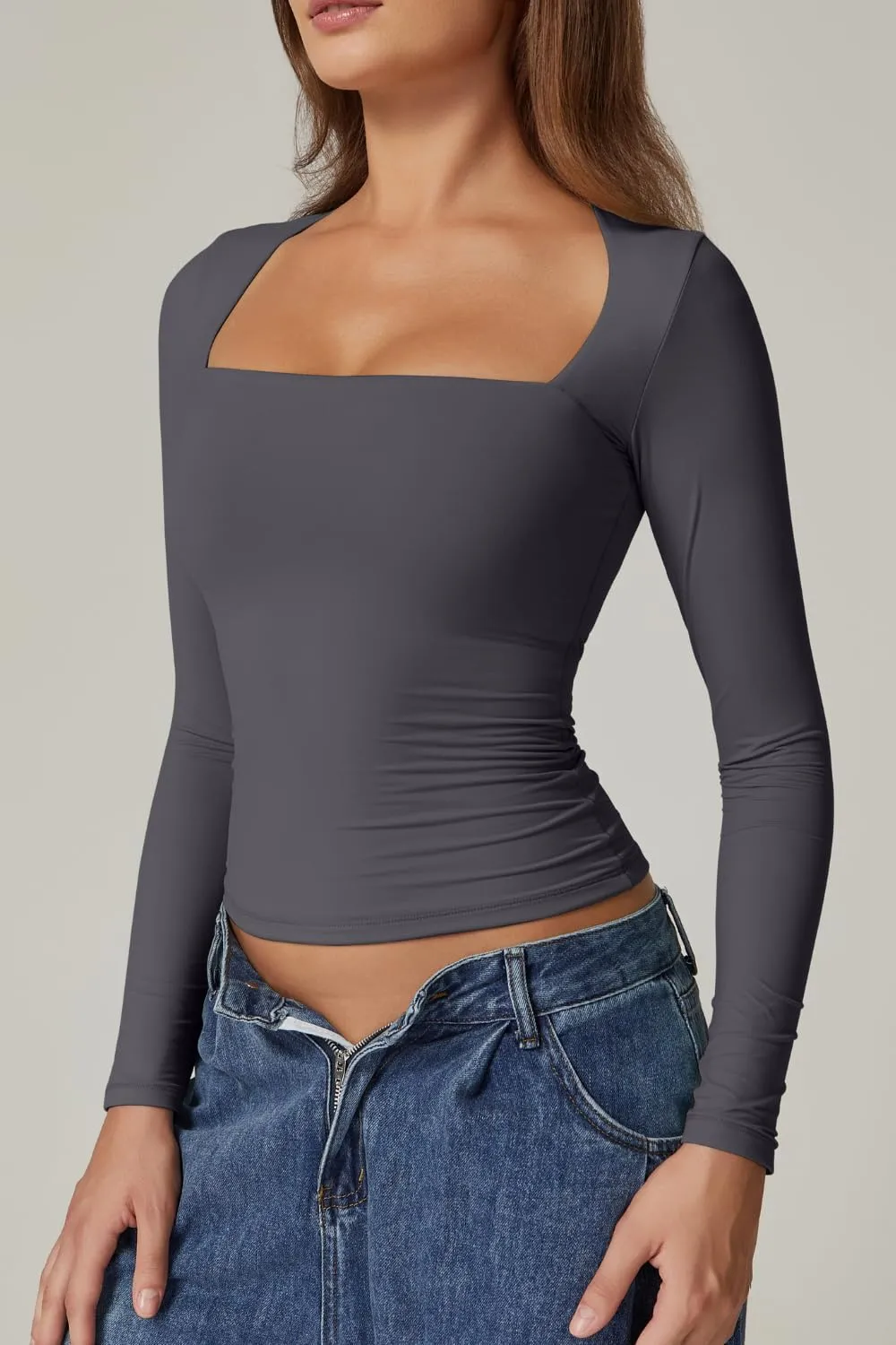 QINSEN Women's Sexy Square Neck Shirt Long Sleeve Double Lined Tees Fitted Going Out Tops