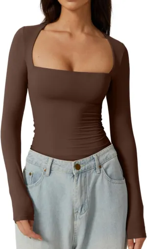 QINSEN Women's Sexy Square Neck Shirt Long Sleeve Double Lined Tees Fitted Going Out Tops