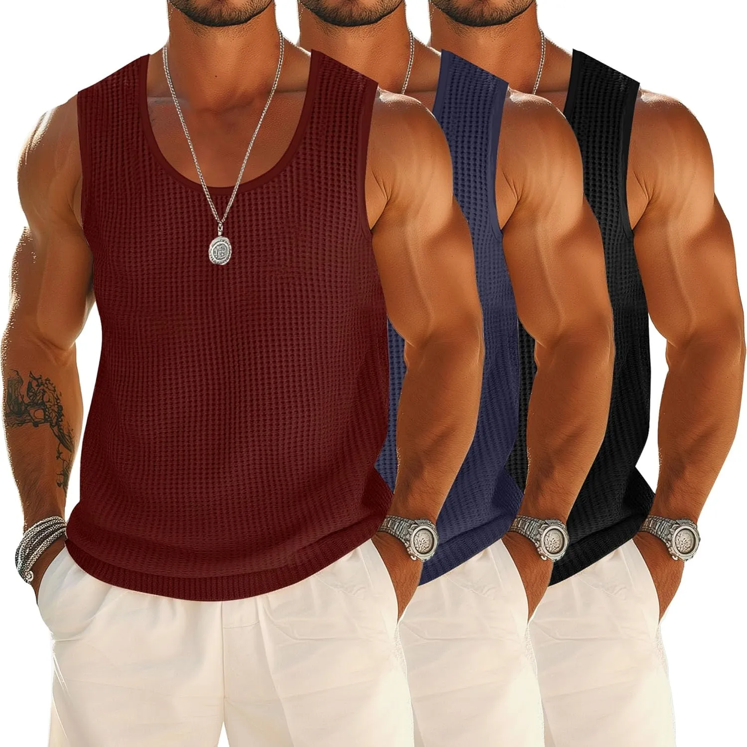 Riyiper 3 Pack Mens Big and Tall Tank Tops Waffle Knit Casual Sleeveless Shirts Plus Size Summer Muscle Tees
